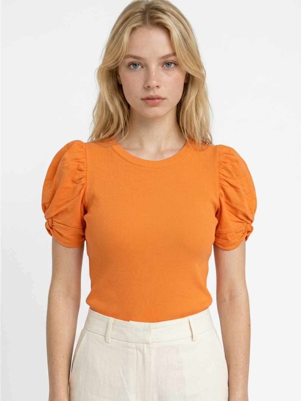 Vince Camuto Women's XS Short Puff Sleeve Orange Ribbed Crewneck Top